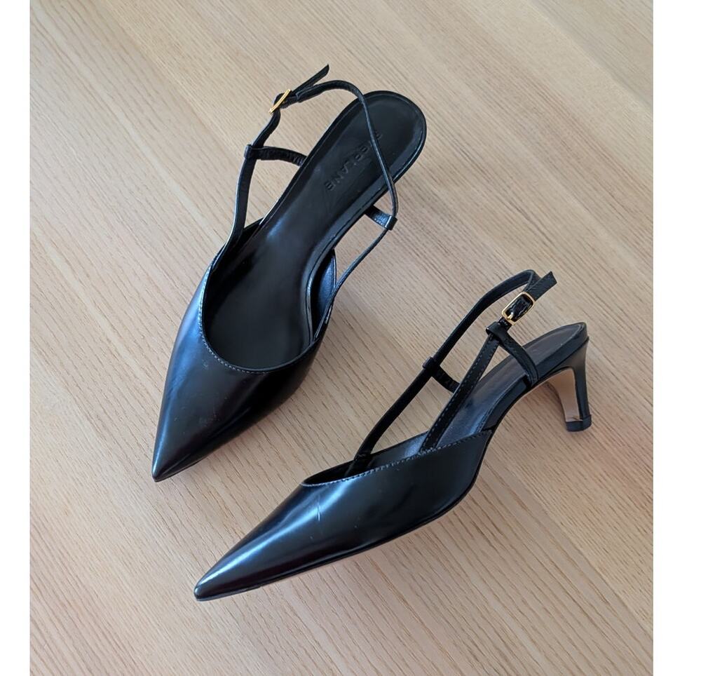 Everlane Black Leather Pointed Toe Slingback Kitten Heels Size 7